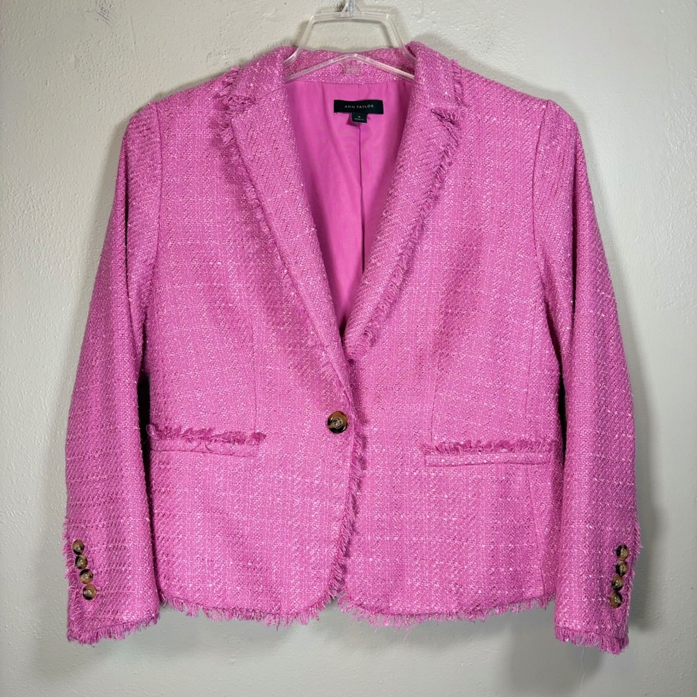 Ann Taylor Pink Tweed Fringe Blazer Jacket Size 10 Magenta Single Button